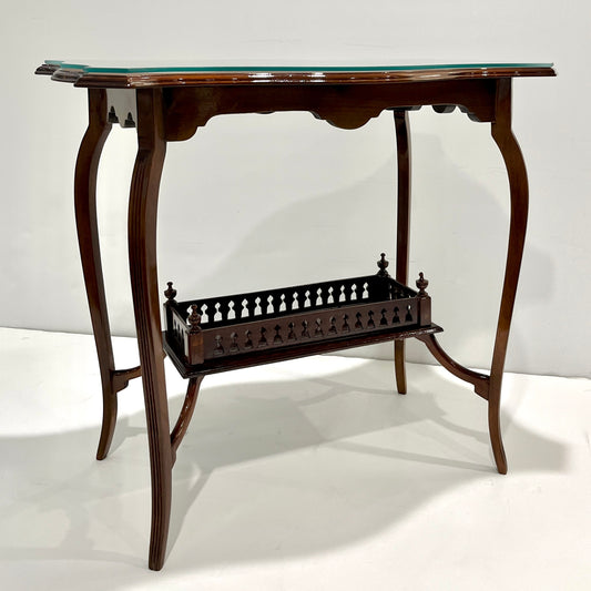 Edwardian Antique English Mahogany Two-Tier Side Table Glass Top Gallery Shelf