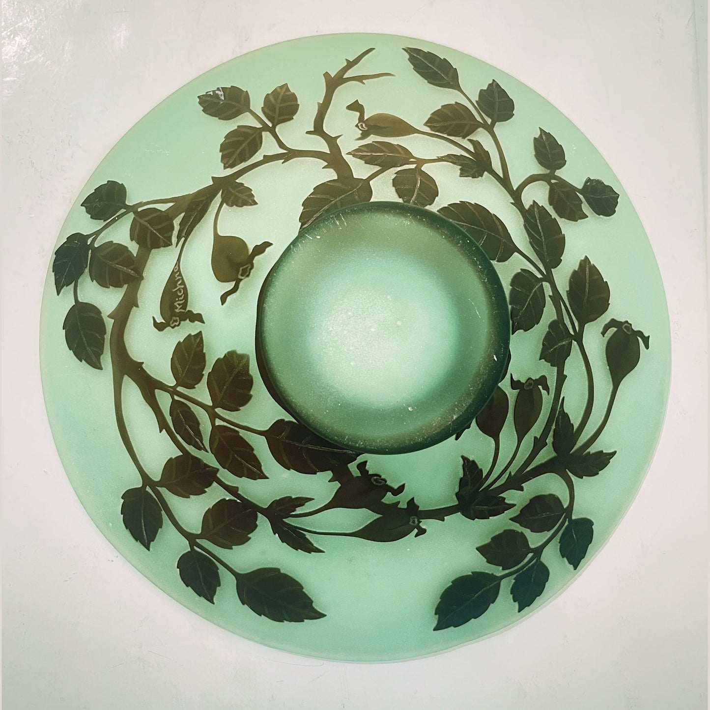 1970 Austrian Vintage Art Nouveau Rose Leaf Decor Green Brown Overlay Glass Bowl