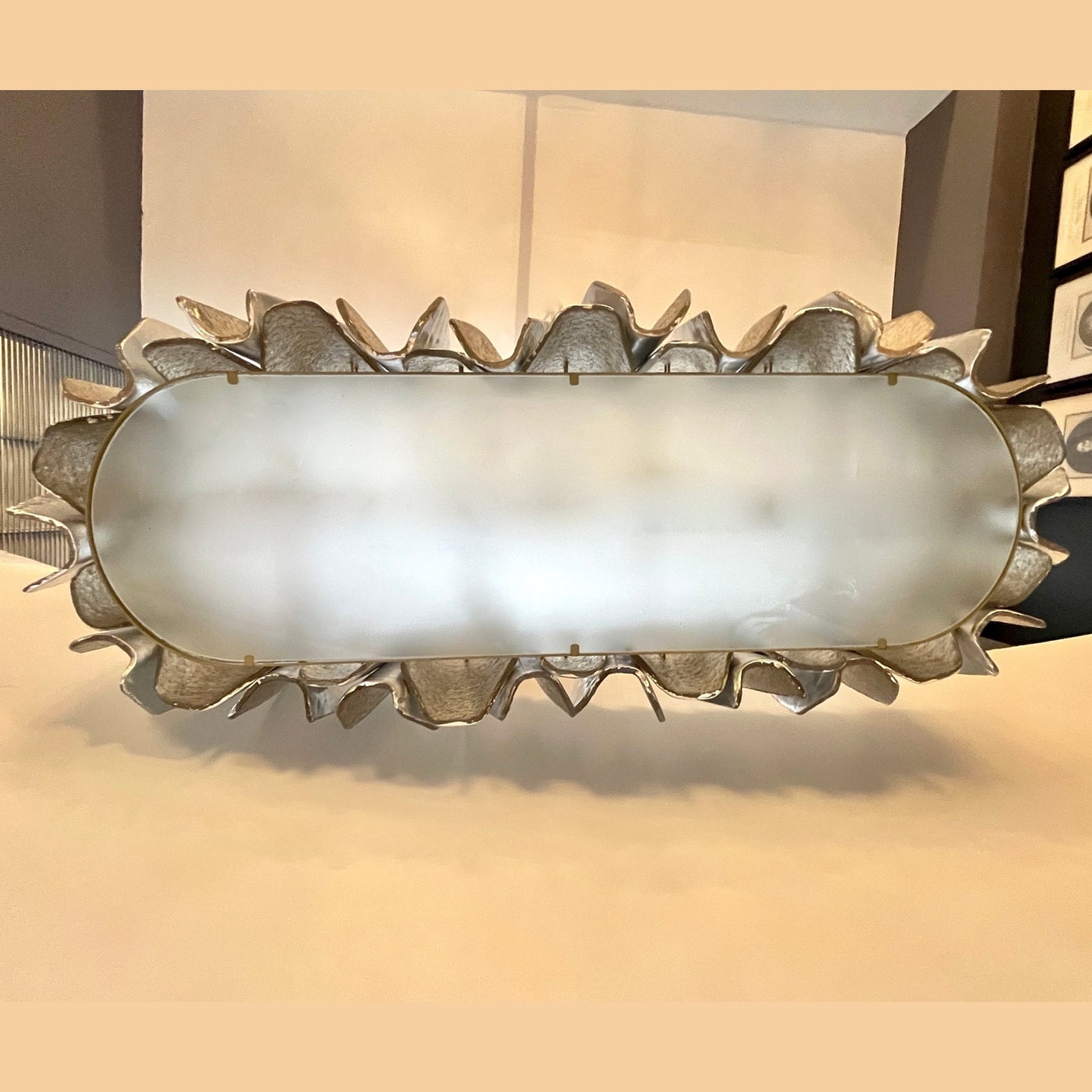 Italian Post Modern Amber Gold Silver Murano Glass Graphic Brass Oval Chandelier