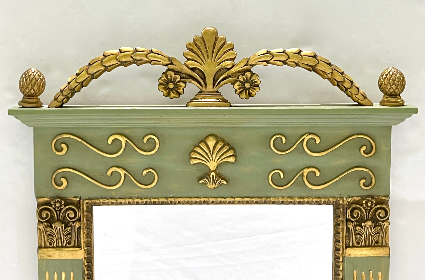 1970s Vintage Provincial French Deco Parcel-Gilt Green Gold Wood Trumeau Mirror