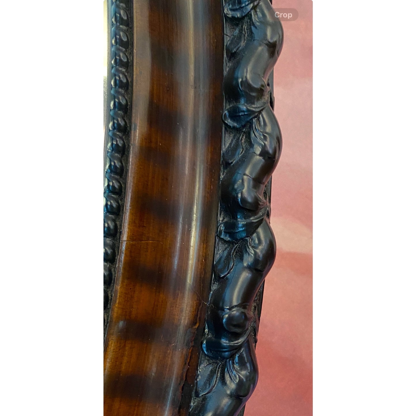 Antique English Edwardian Ebony Macassar Veneer Black Brown Oval Mirror