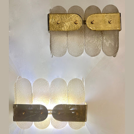 Post Modern Organic Italian Pair Geometric Beige Murano Glass Gold Leaf Sconces