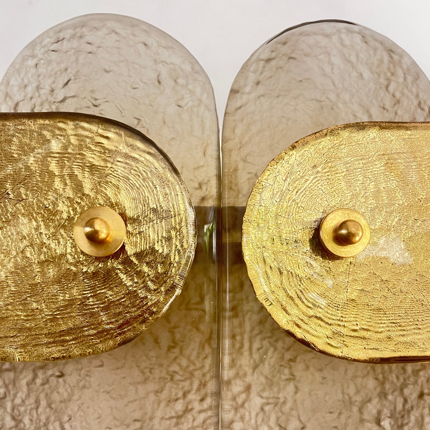 Post Modern Organic Italian Pair Geometric Beige Murano Glass Gold Leaf Sconces