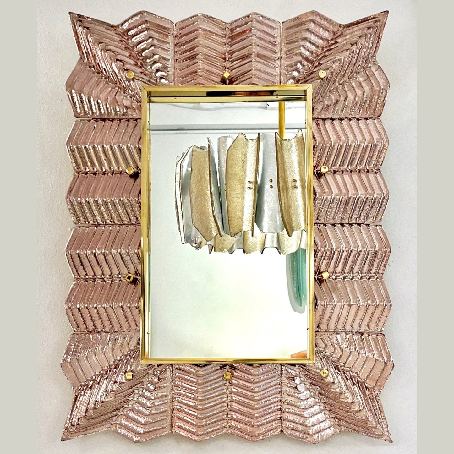 Bespoke Italian Art Deco Design Small Ruffled Pink Murano Glass Brass Mirror