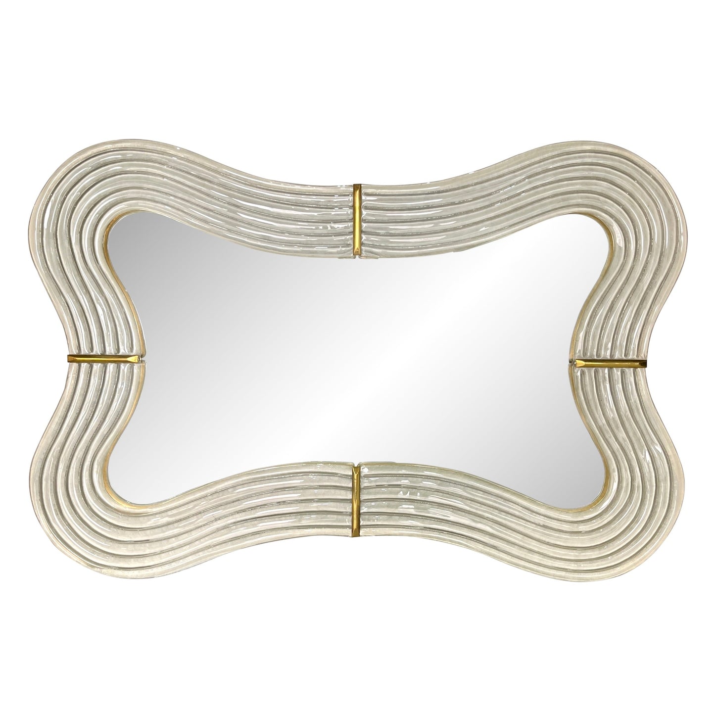 Contemporary Italian Pearl White Cream Murano Glass Brass Curved Mirror