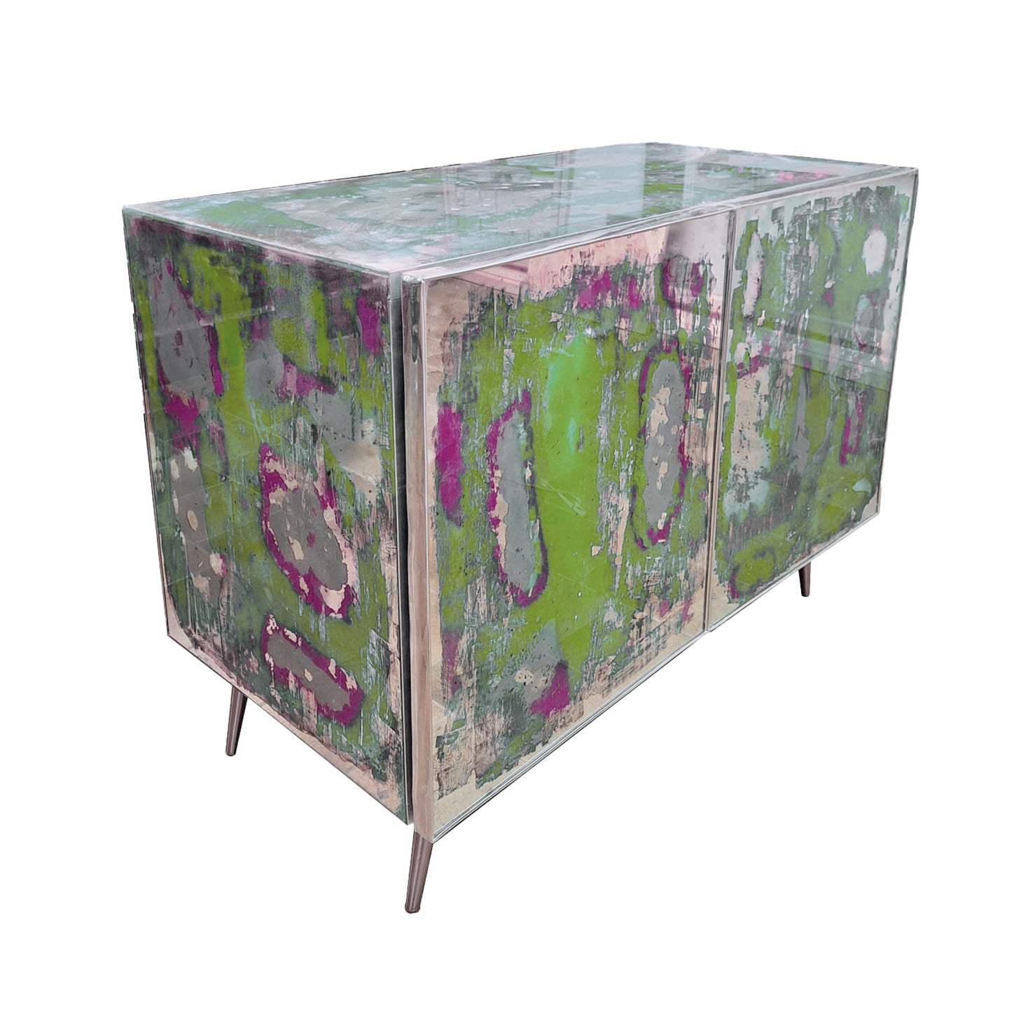 Italian Post Modern Abstract Art Blue Brown Satin Nickel Finish Mirror Cabinet