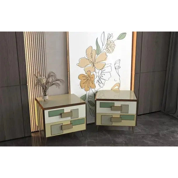 Italian Geometric Pair Postmodern Yellow Green Cream Gray Glass Brass Chests