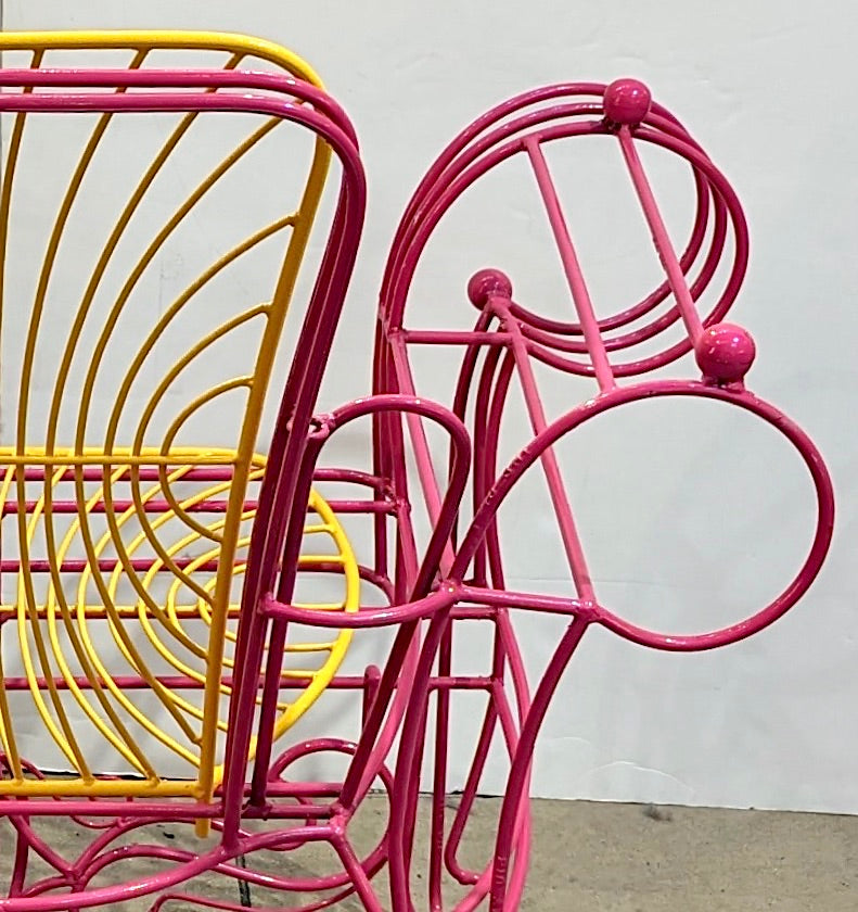 1990s Spazzapan Italian Pop Art Pair of Pink Yellow Metal Armchairs Sculptures