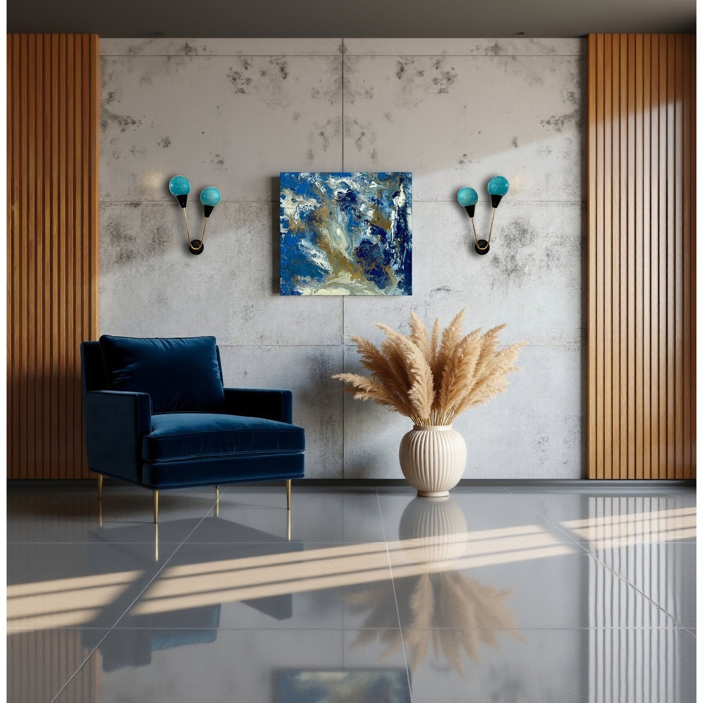 Contemporary Italian Modern Abstract Wall Art White Gold Royal Blue Oil Painting