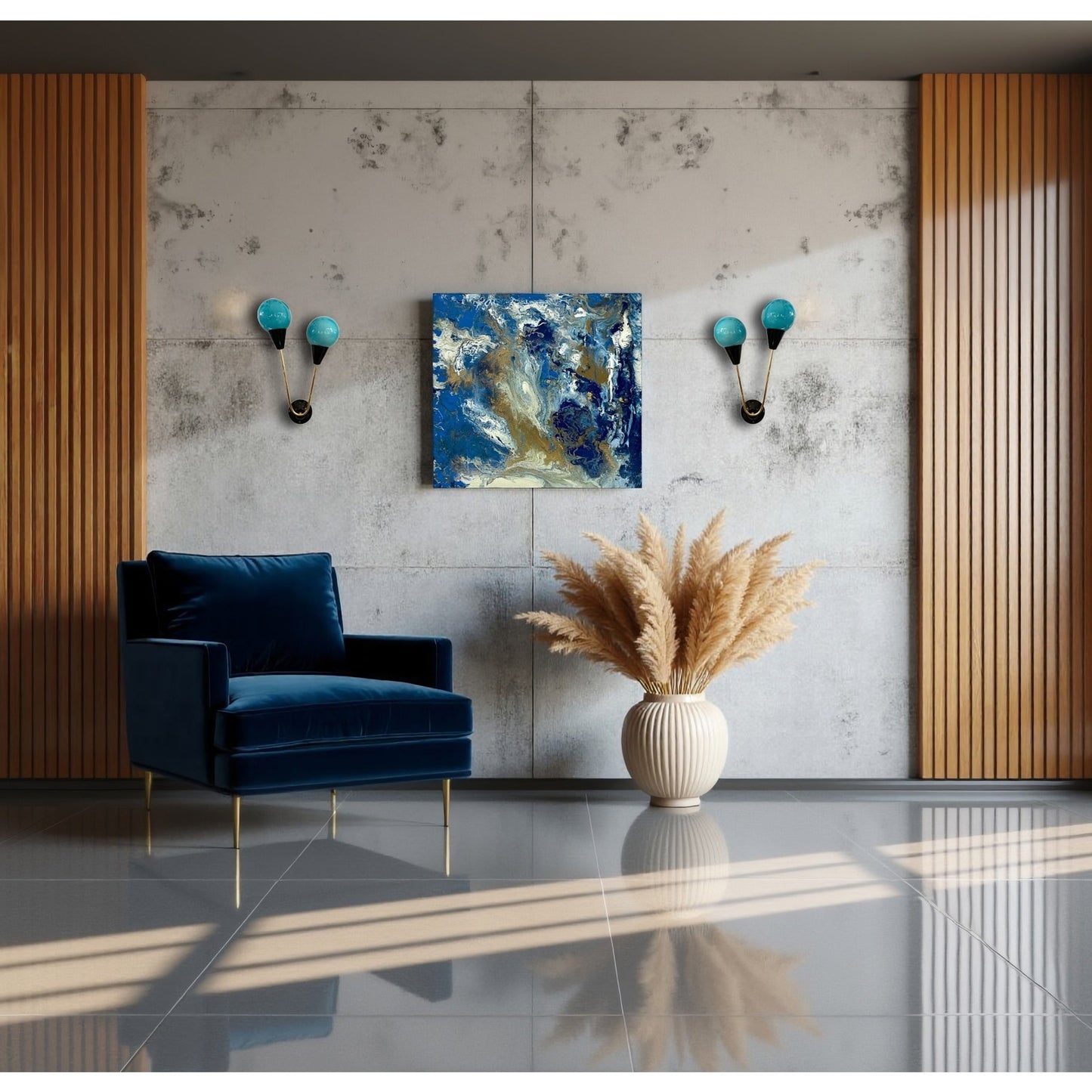 Contemporary Italian Pair of Two Globe Turquoise Blue Murano Glass Brass Sconces