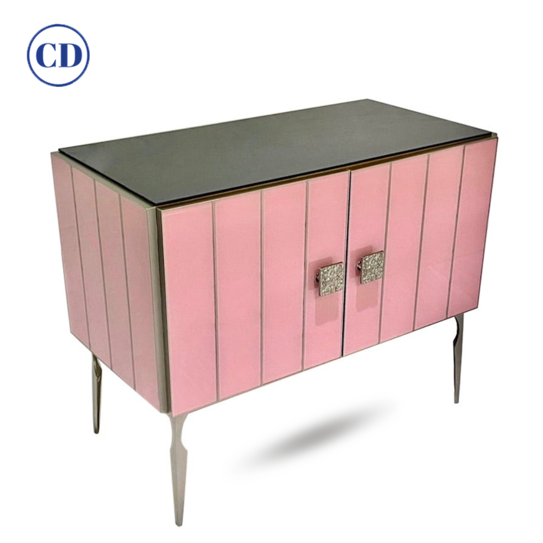 Modern Italian Custom Art Deco Style Pink Black Glass Satin Nickel Cabinet /Bar