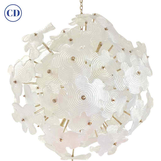 Contemporary Italian Brass & Satin White Murano Glass Flower Sputnik Chandelier