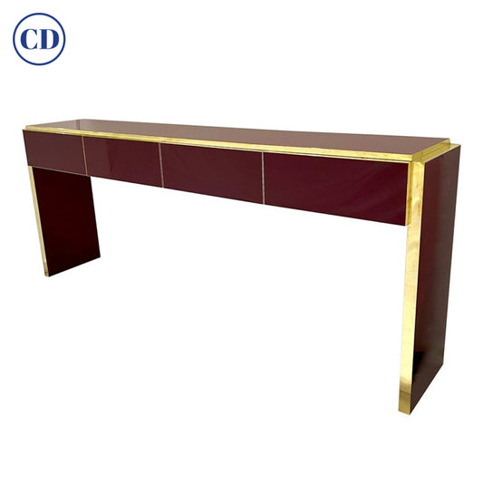 Bespoke Italian 4 Drawers Burgundy Wine & Brass Console Long Table/Sideboard