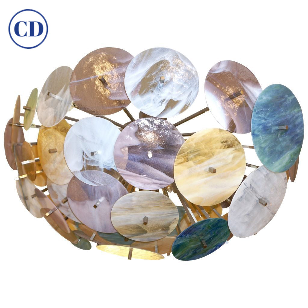 Contemporary Italian Yellow White Aqua Blue Murano Glass Oval Sputnik Flushmount
