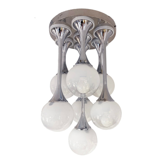 1960 Reggiani Italian Vintage 7 Milk Glass Globe Nickel Flush Pendant/Table Lamp