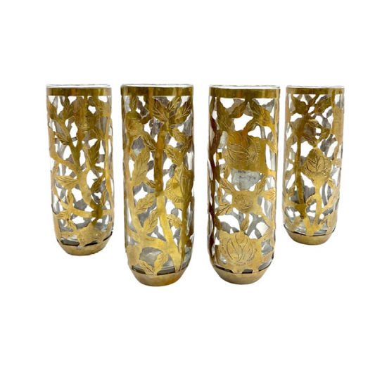 1960 Mexican Set 4 Drinking Glasses Encased in Etched Cutwork Floral Brass Decor
