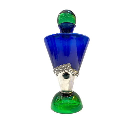 1980 Domar Israel Art Nouveau Style Green Cobalt Blue Glass Silver Bottle