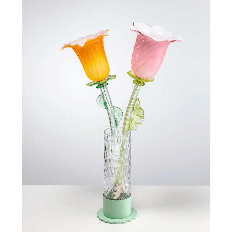 Italian Design Organic Modern Orange Art Glass Lit Flower White Vase/Table Lamp