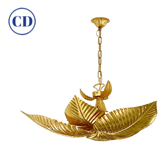 Contemporary Italian Art Deco Design Hand Made Gold Metal Tiered Leaf Chandelier