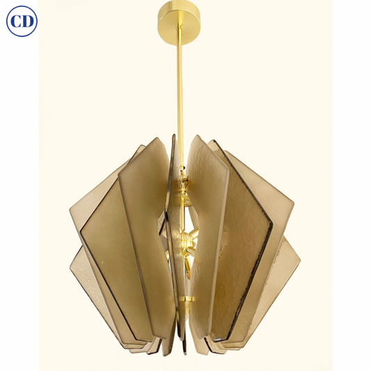 Contemporary Italian Beige Textured Murano Glass Satin Brass Pendant/Chandelier