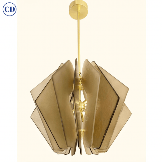 Contemporary Italian Beige Textured Murano Glass Satin Brass Pendant/Chandelier