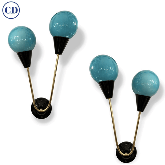 Contemporary Italian Pair of Two Globe Turquoise Blue Murano Glass Brass Sconces