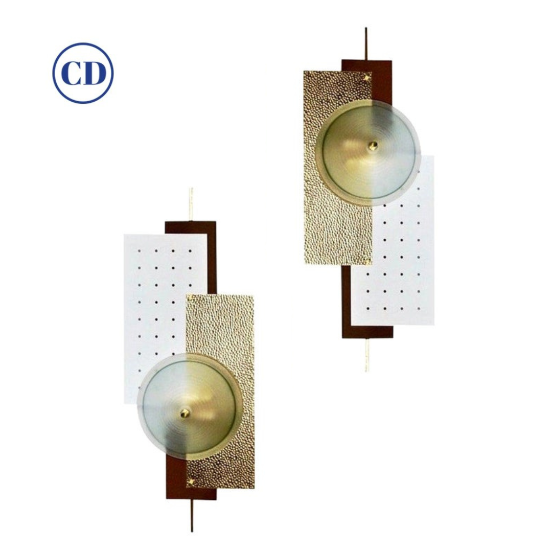 Italian Modernist Gold White & Brown Geometric Textured Metal & Glass Sconces