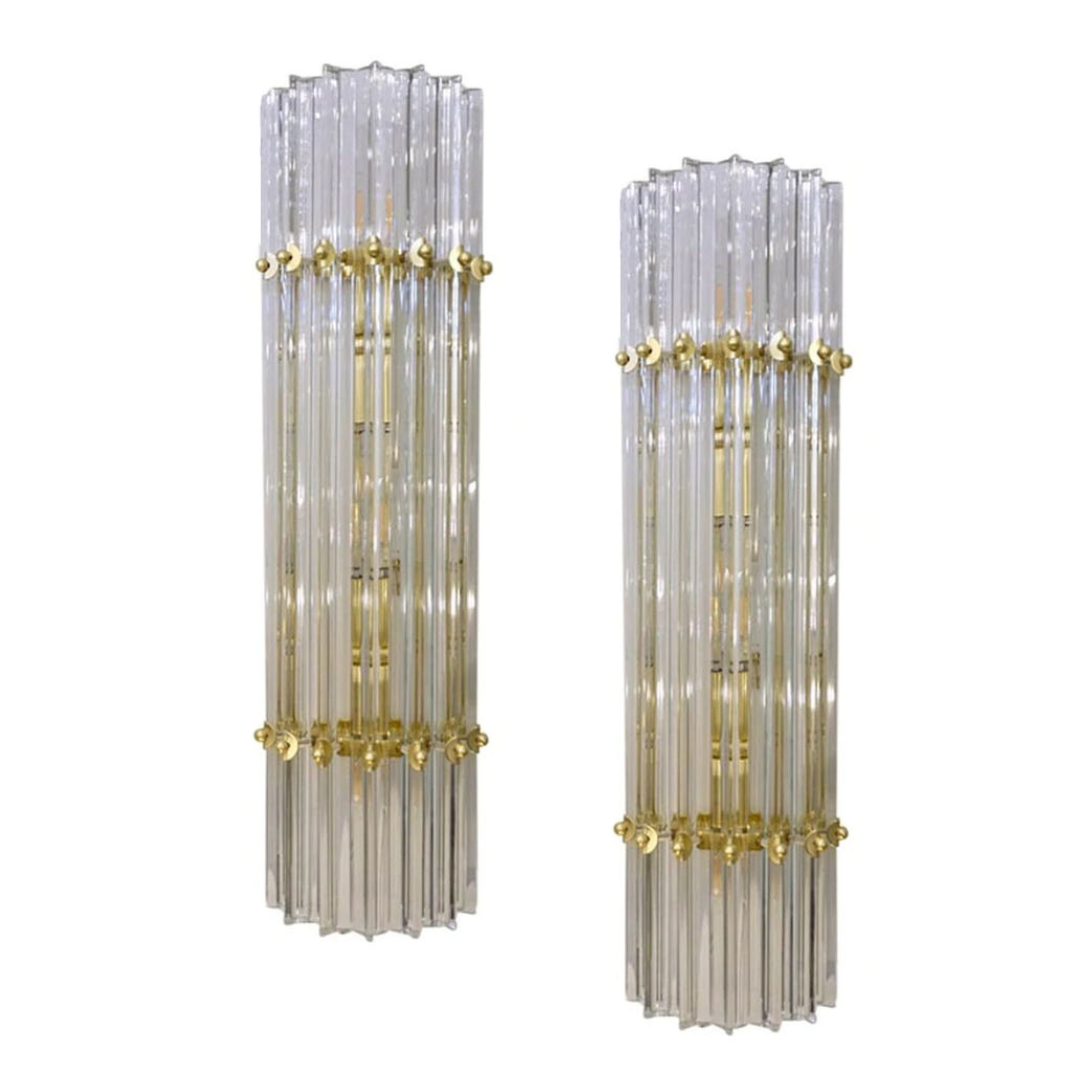Italian Contemporary Minimalist Pair of Satin Brass Crystal Murano Glass Sconces