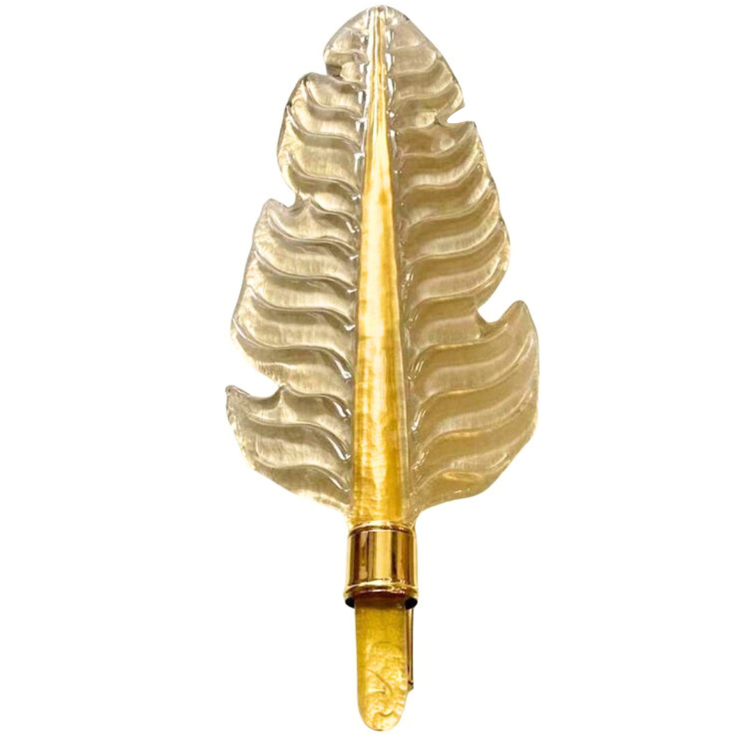 Contemporary Italian Art Deco Pink Murano Glass & Brass Feather Leaf Sconces