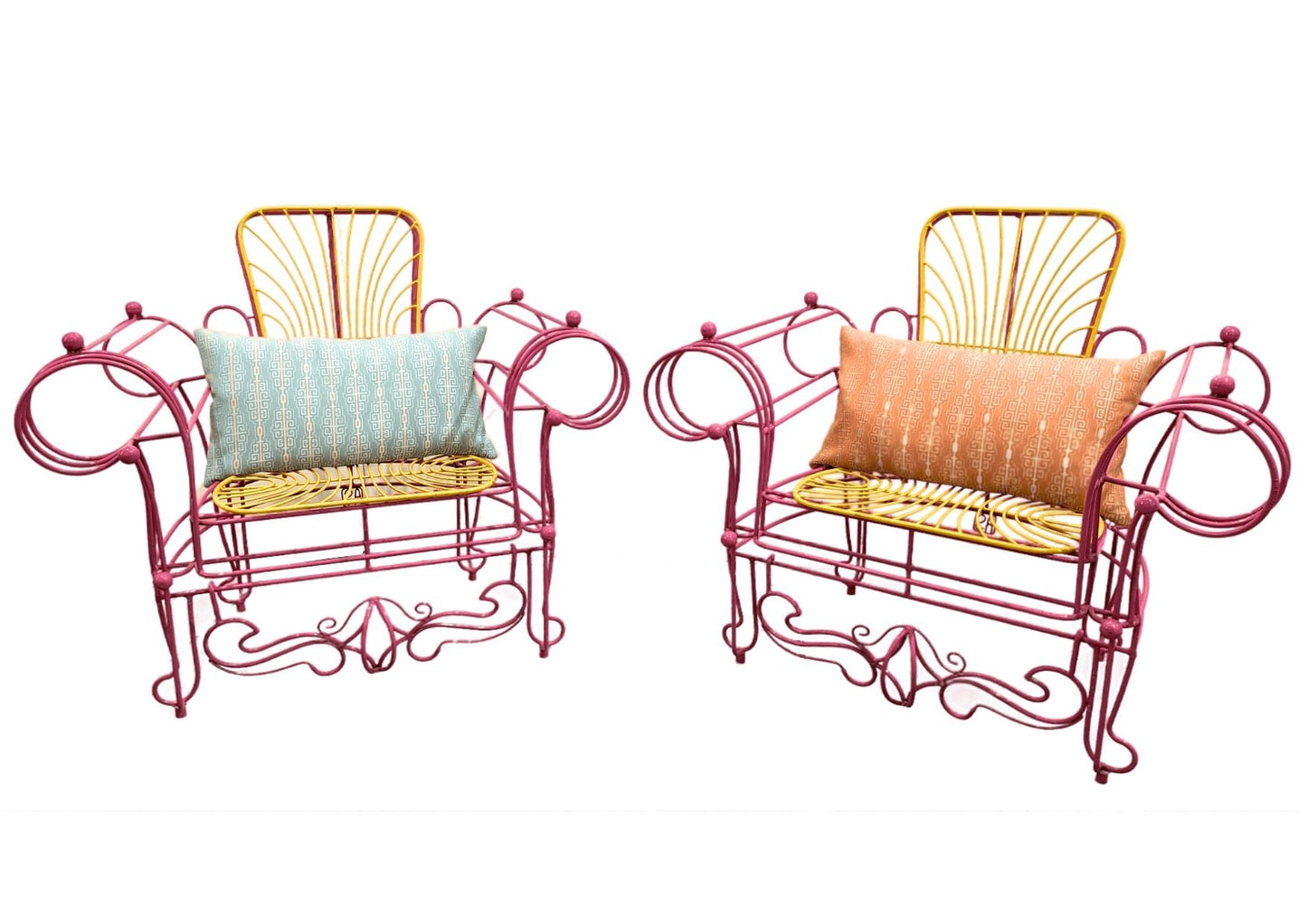 1990s Spazzapan Italian Pop Art Pair of Pink Yellow Metal Armchairs Sculptures