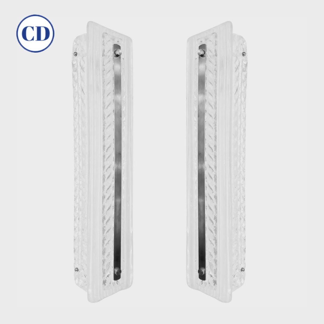 Italian Modern Pair Tall White Crystal Leaf Textured Murano Glass Nickel Sconces