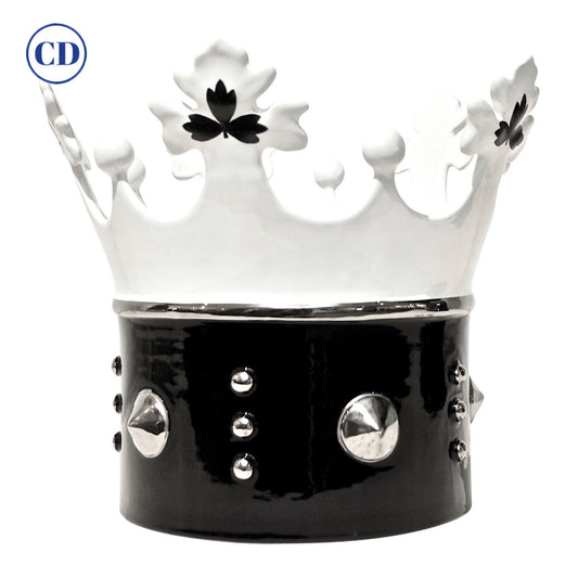 Contemporary Italian Enameled Black White Majolica Crown Bowl & Platinum Accents