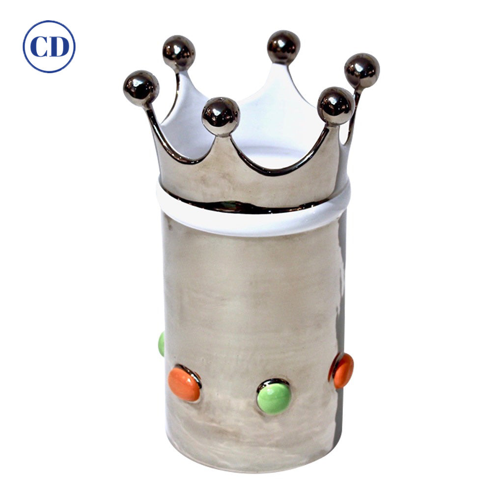 Italian Modern Silver Platinum White Majolica Crown Vase with Orange Green Dots