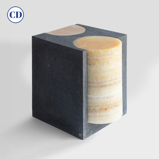 Bespoke Black Lava Stone & Warm Onyx Graphic Modern Rectangular Sidetable/Stool