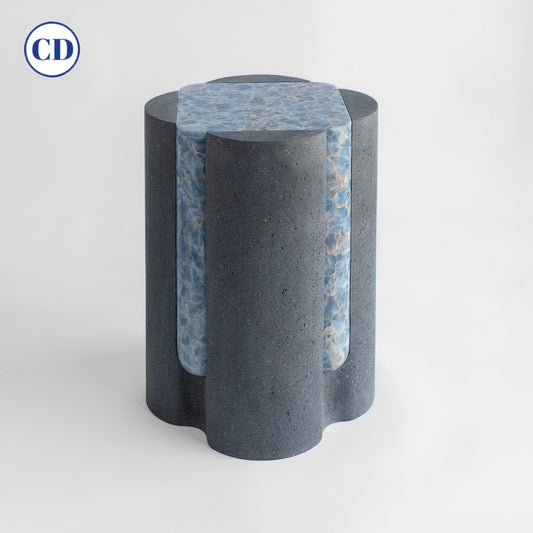 Bespoke Black Lava Stone & Blue Calcite Graphic Modern Sidetable/Stool