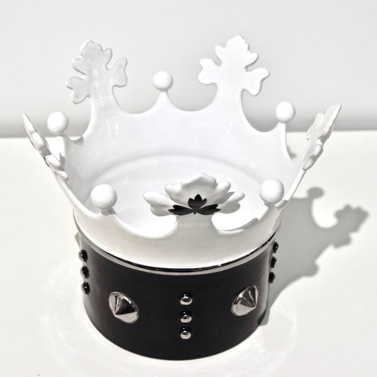 Contemporary Italian Enameled Black White Majolica Crown Bowl & Platinum Accents