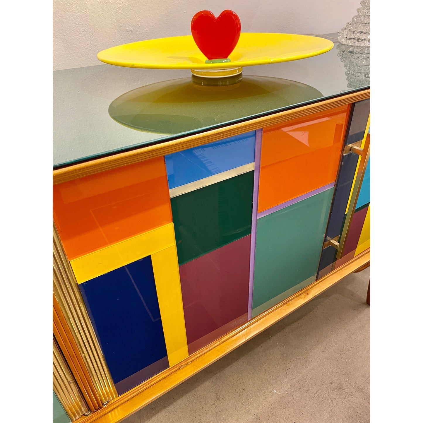 Italian Vintage Mondrian Style Green Orange Yellow Blue Glass 4-Door Sideboard