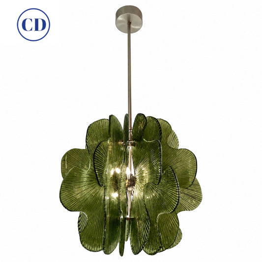 Modern Italian Wavy Olive Green Textured Murano Glass Satin Nickel Pendant/Chandelier