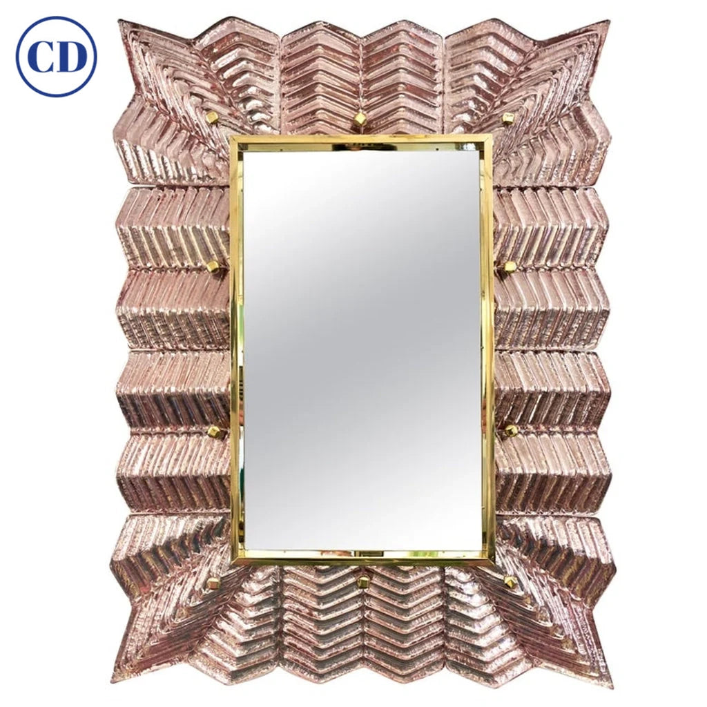 Customizable Italian Art Deco Design Small Ruffled Pink Murano Glass Brass Mirror