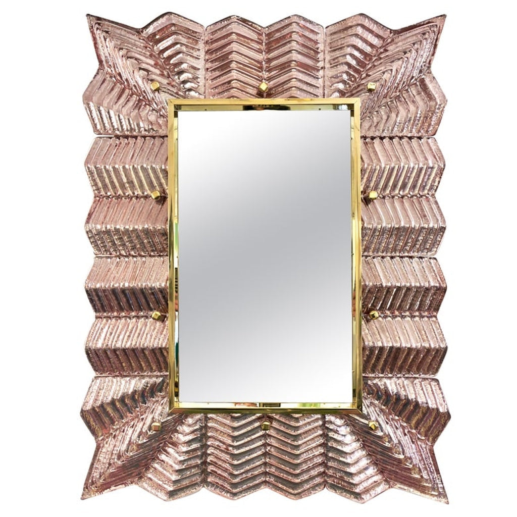 Bespoke Italian Art Deco Design Small Ruffled Pink Murano Glass Brass Mirror