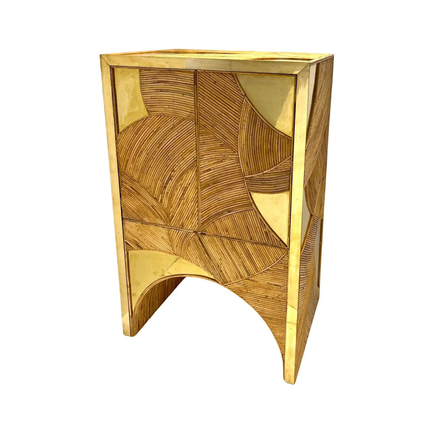 Contemporary Italian Bamboo Cabinet Bar with 2 Door 2 Glass Shelf Brass Details
