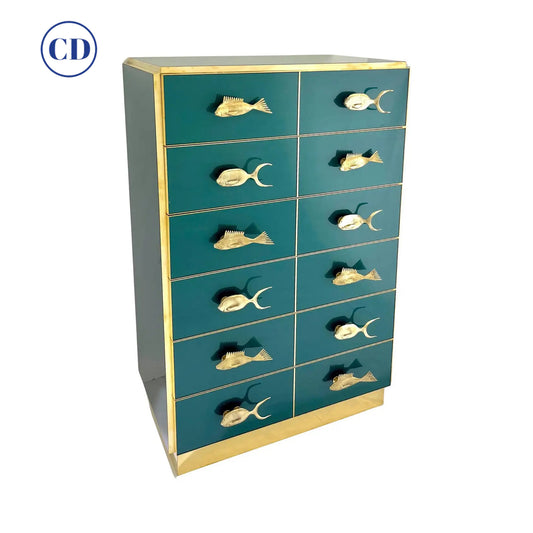 Bespoke Italian Brass Emerald Blue Green Art Glass 6-Drawer Highboy Dresser
