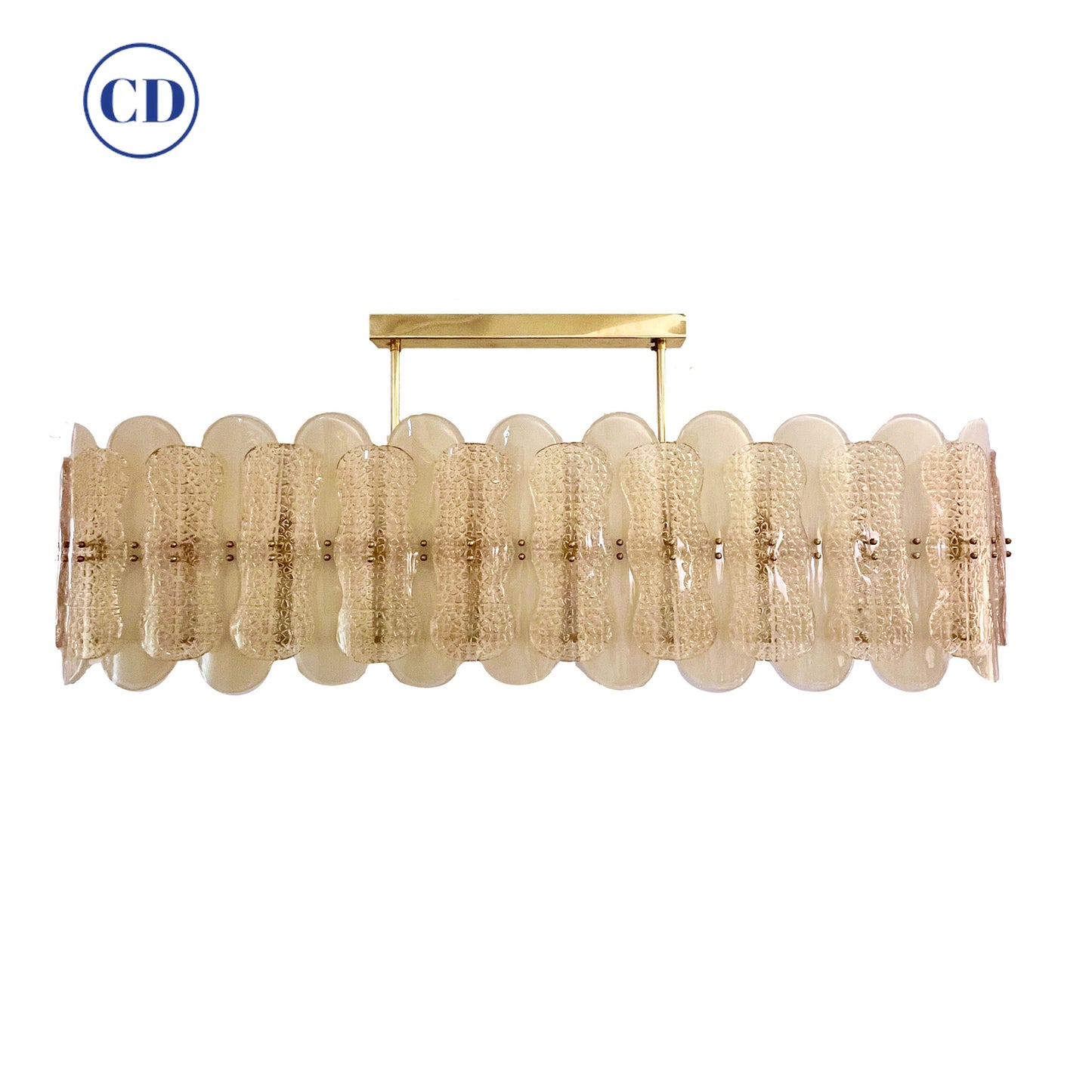 Italian Cream Ivory Crystal Gold Texture Murano Glass Oval Brass Chandelier