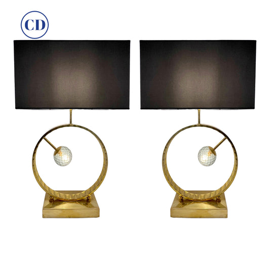 Contemporary Italian Monumental Pair of Brass & Smoked Murano Glass Table Lamps