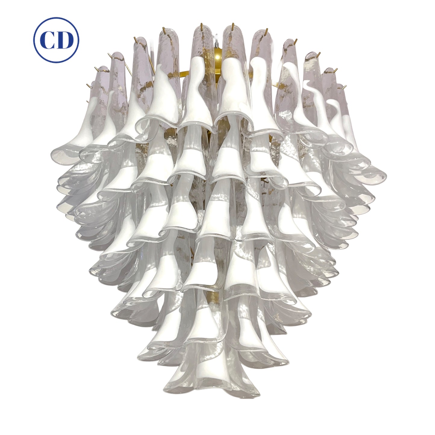 Italian Modern White and Crystal Clear Saddle Leaf Murano Glass Gold Chandelier