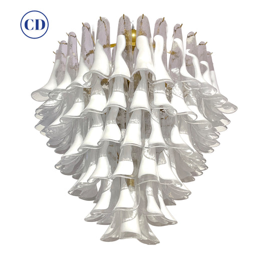 Italian Modern White and Crystal Clear Saddle Leaf Murano Glass Gold Chandelier