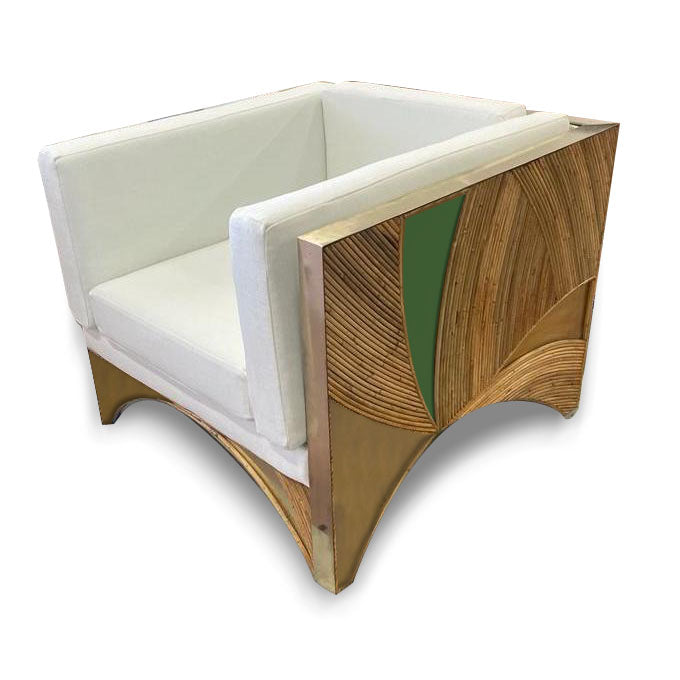 Contemporary Italian Rattan Armchair with Green Brass Details & Yellow Fabric