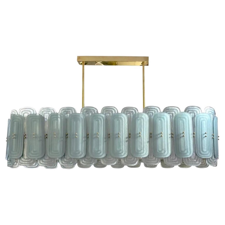 Italian Fontana Arte Style Pearl Aqua Blue Murano Glass Oval Brass Chandelier