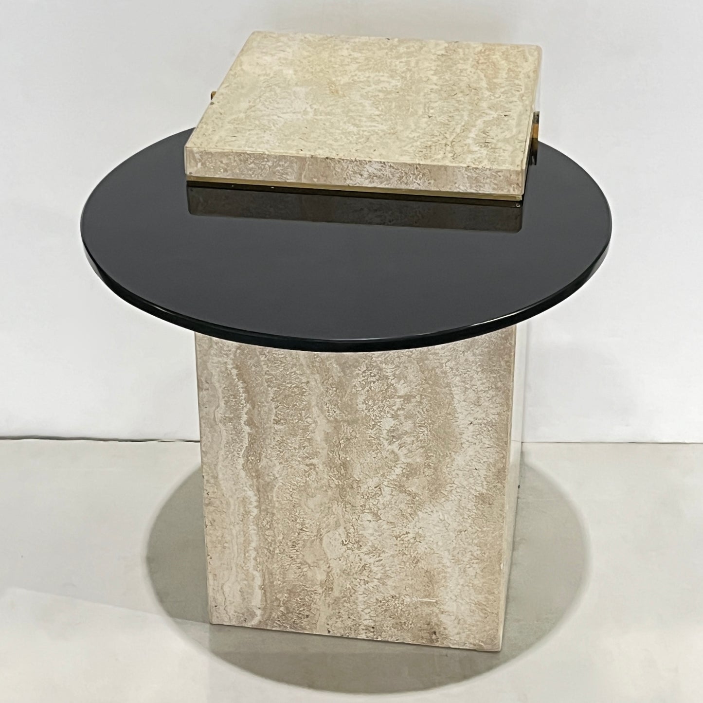 Italian Modern Beige Travertine Black Glass Brass Geometric Organic Side Table