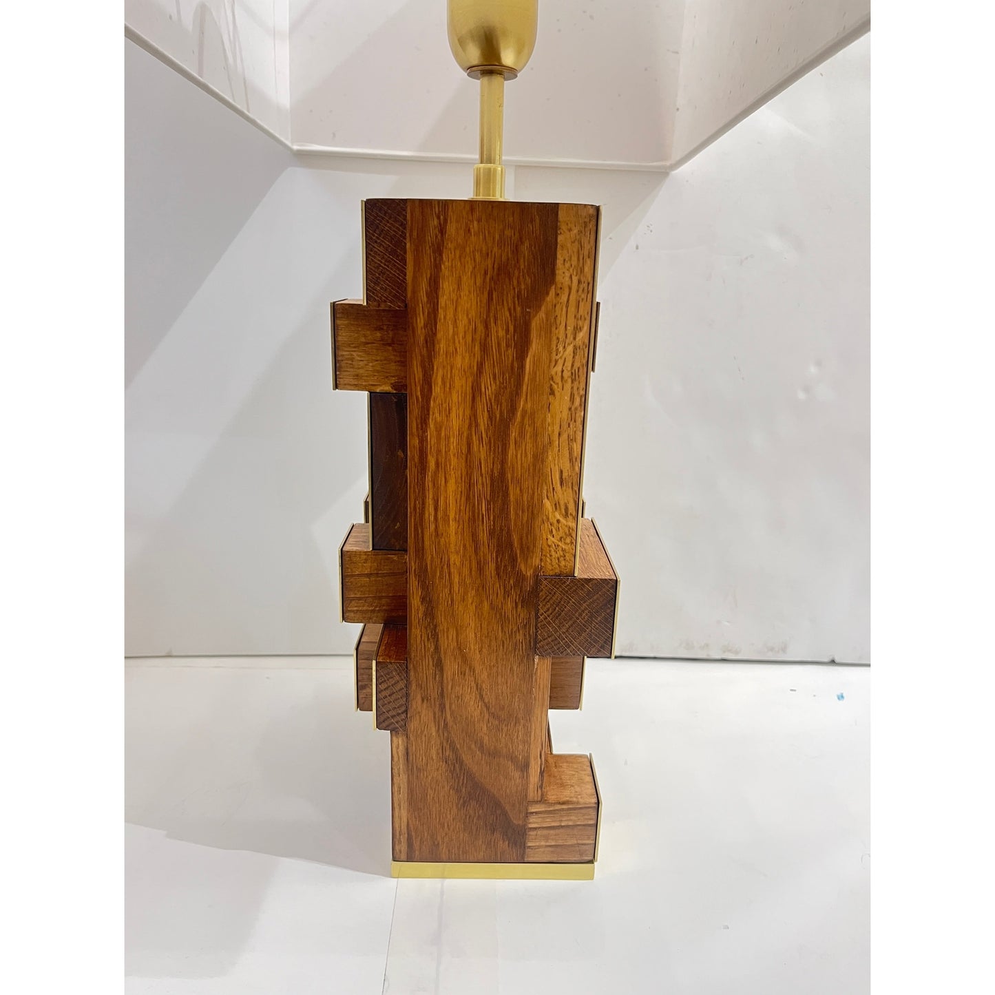 Contemporary Italian Architectural Pair Stepped Wood Brass Organic Urban Lamps